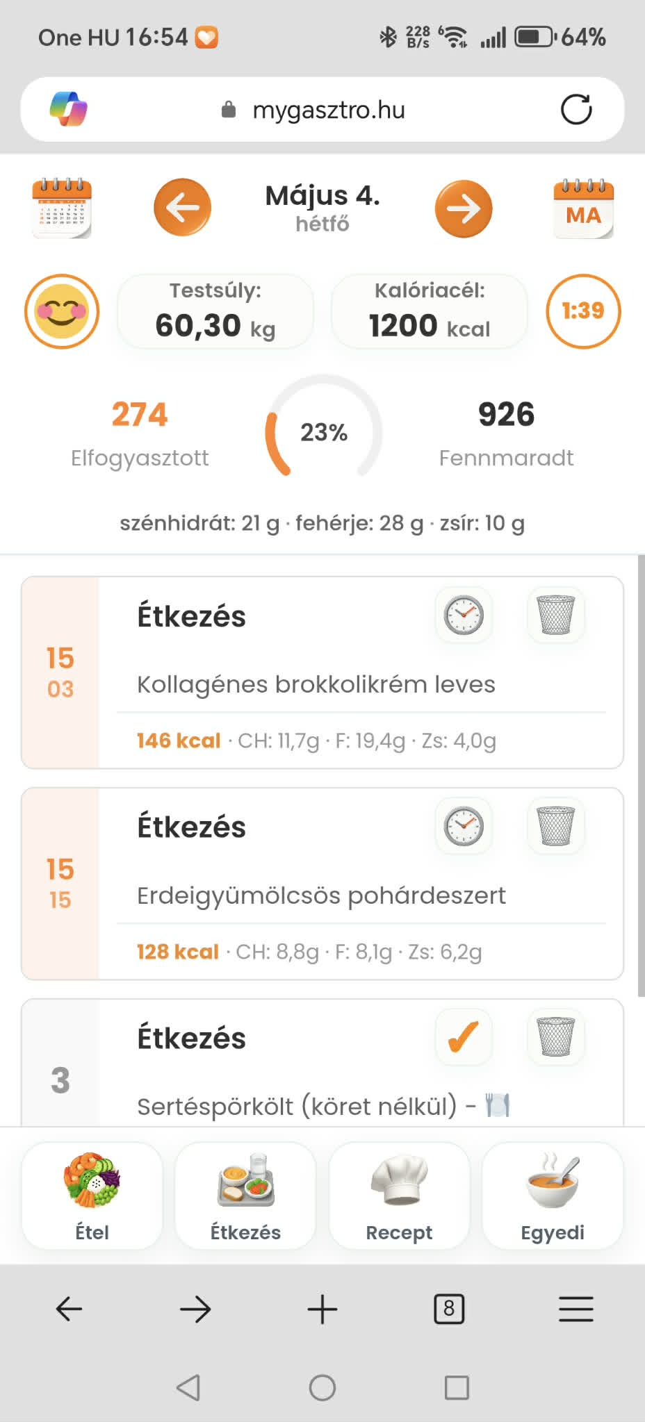 myGasztro napi nézet