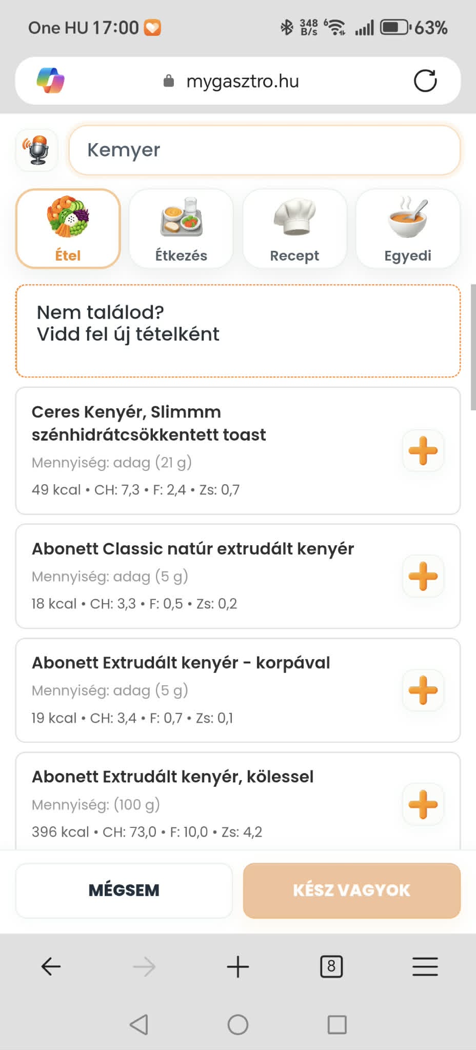 myGasztro keresési lista