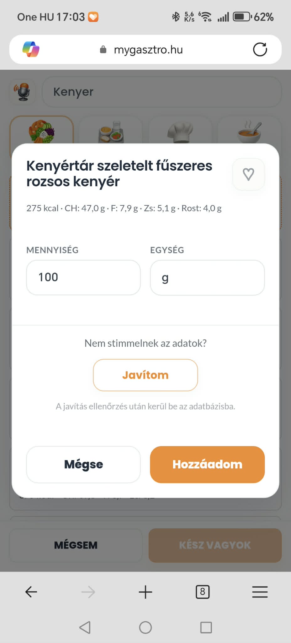 myGasztro mennyiségválasztó