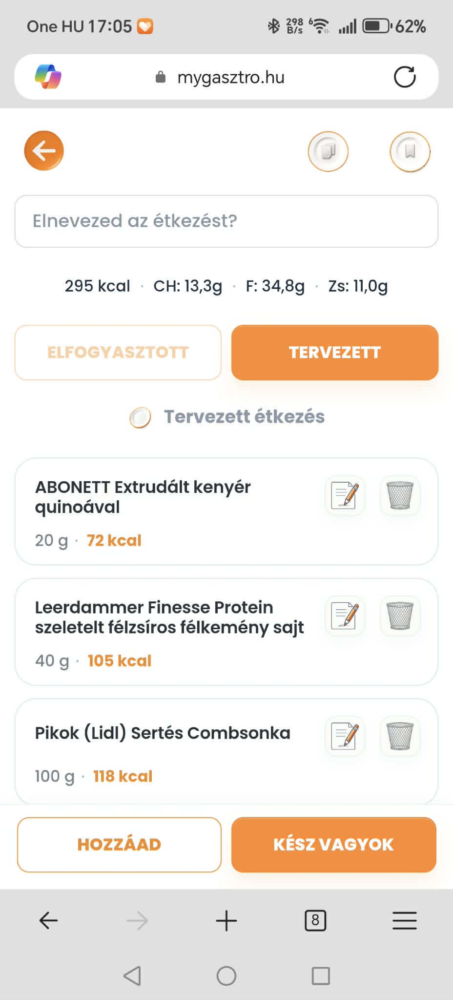 myGasztro étkezés összeállítása